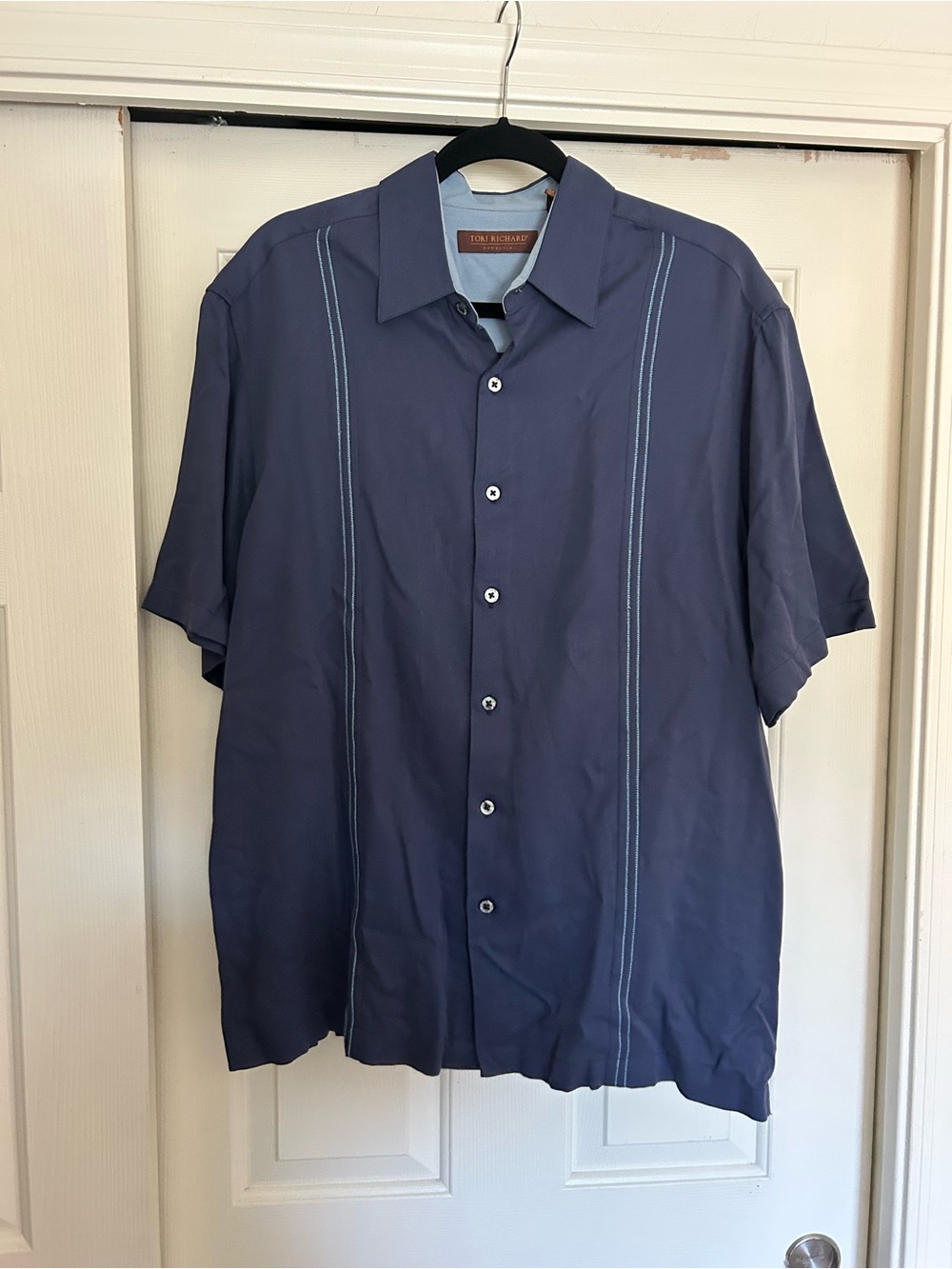 Tori Richard Navy Short-Sleeve Button-Down with Light Blue Stitching